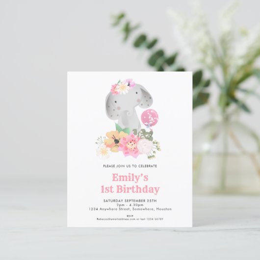 バジェットエレファント1stバースデーピンクパーティの招待状 (スタンド正面)