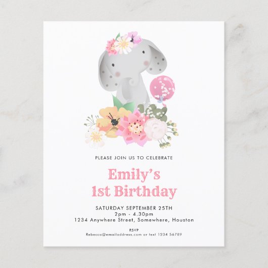 バジェットエレファント1stバースデーピンクパーティの招待状 (正面)