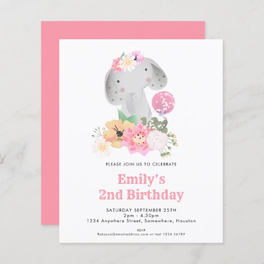 バジェットエレファント2ndバースデーガールパーティの招待状 (正面/裏面)