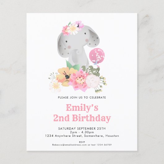 バジェットエレファント2ndバースデーガールパーティの招待状 (正面)