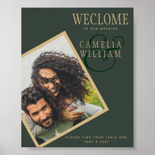 バジェットオリーブグリーン結婚金ゴールドの写真ウェルカムサイン ポスター (正面)