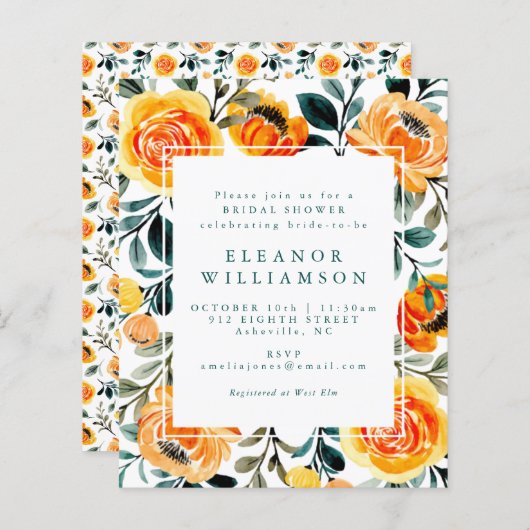 バジェットオレンジウォーターカラーフラワーズブライダルシャワー (正面/裏面)