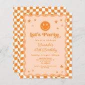 バジェットオレンジハピー市松模様に顔誕生日招待状 (正面/裏面)