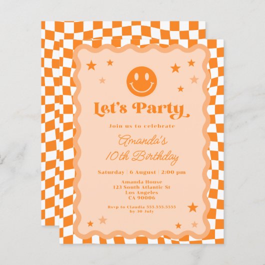 バジェットオレンジハピー市松模様に顔誕生日招待状 (正面/裏面)