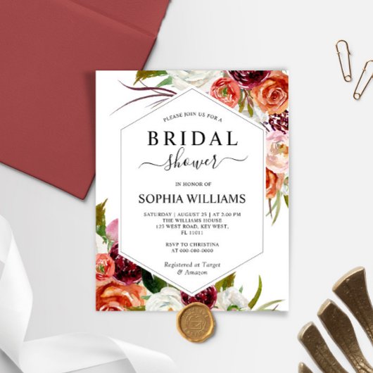 バジェットオレンジバラフレームブライダルシャワー招待