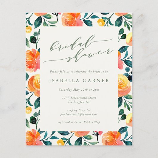 バジェットオレンジフローラアートブライダルシャワー招待状 (正面)