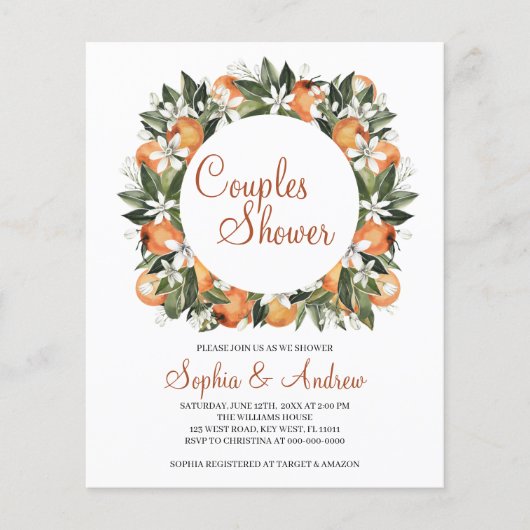 バジェットオレンジフローラカップルシャワー招待状 (正面)