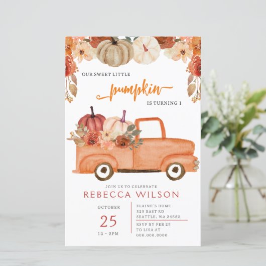 バジェットオレンジリトルカンプキンファースト誕生日招待状 (スタンド正面)