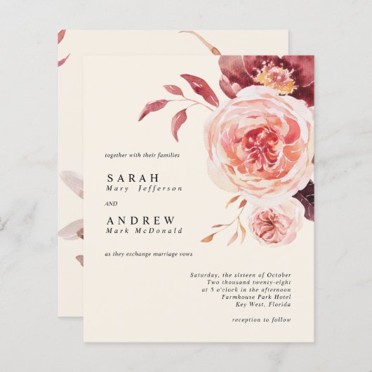 バジェットオータムウォーター色フローラ結婚式招待状 (正面/裏面)