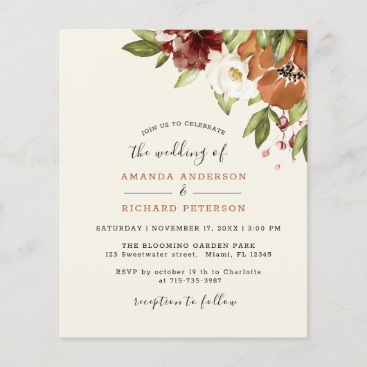 バジェットオータムフローラオレンジ結婚式招待状 (正面)