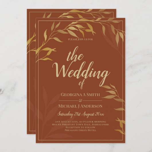バジェットオールインワンテラコッタ素朴金ゴールド結婚ズ 招待状 (正面/裏面)