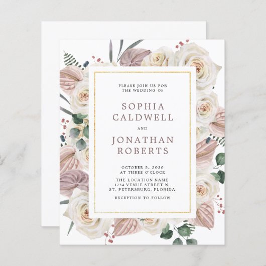 バジェットオールインワンホワイトローズ結婚式招待状 (正面/裏面)