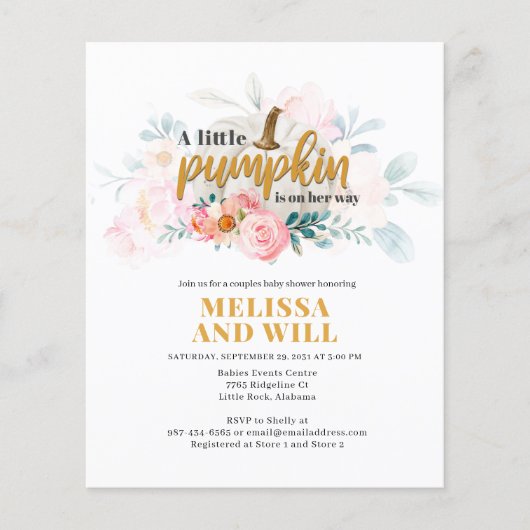 バジェットカップルベビーシャワーパンプキン招待状 (正面)