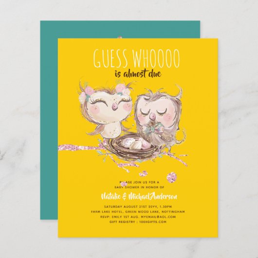 バジェットカップル赤ちゃんシャワーかわいいフクロウWoodland Inv. (正面/裏面)