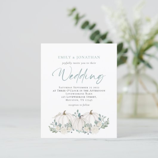 バジェットカボチャティール（緑がかった色）の葉の結婚式の招待 (スタンド正面)