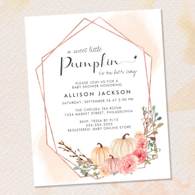 バジェットカボチャフローラベビーガールシャワー招待状 (Celebrate the upcoming arrival of your sweet little autumn baby with a pumpkin-themed baby shower)