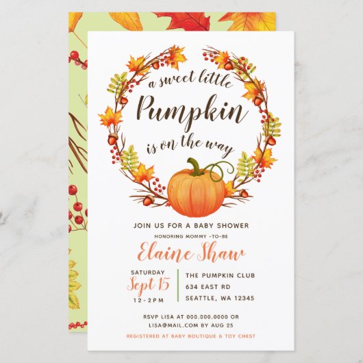 バジェットカボチャ男女兼用ベビーシャワー招待状 (正面/裏面)