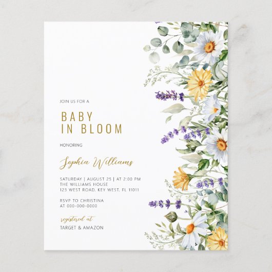 バジェットカモミールベビーイン開花シャワー招待状 (正面)