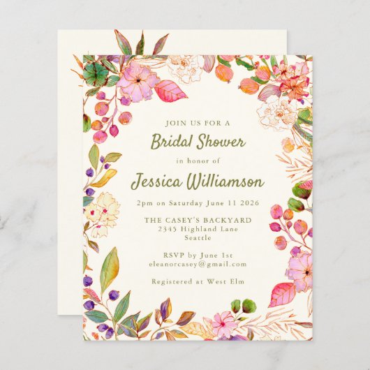 バジェットカラフルウォーターカラーフローラブライダルシャワー (正面/裏面)