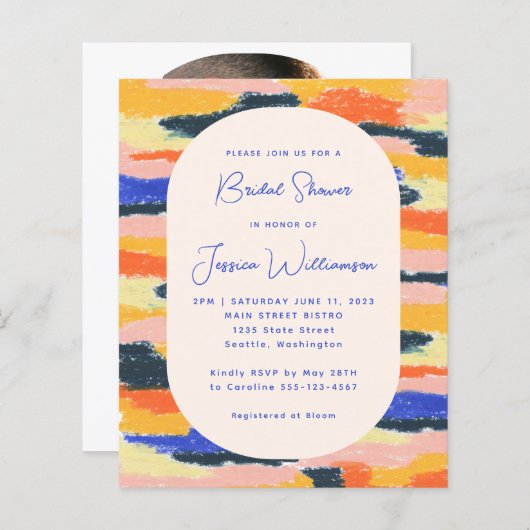 バジェットカラフルフォトブルーよくはしゃぐシャワー招待状 (正面/裏面)