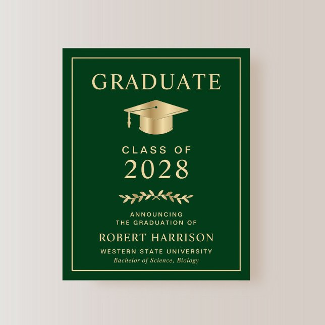バジェットカレッジグリーン金ゴールド卒業発表 (An elegant college graduation announcement to celebrate the graduate's achievements)