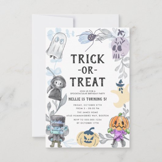 バジェットカワイイ幽霊モンスターハロウィーン誕生パーティー 招待状 (正面)