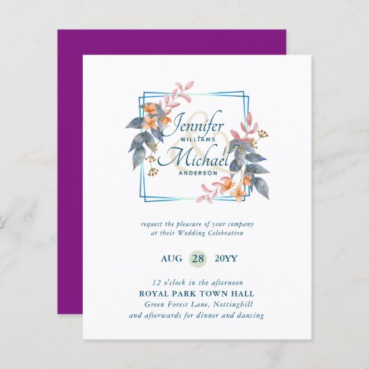 バジェットガーデン葉秋の結婚式招待状ティール（緑がかった色） (正面/裏面)