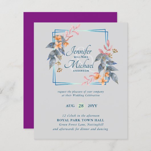 バジェットガーデン葉秋の結婚式招待状ティール（緑がかった色） (正面/裏面)