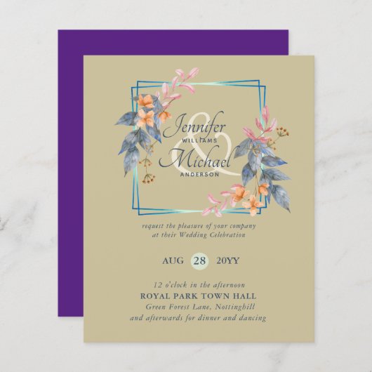 バジェットガーデン葉秋の結婚式招待状ティール（緑がかった色） (正面/裏面)