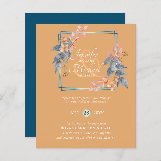 バジェットガーデン葉秋の結婚式招待状ティール（緑がかった色） (正面/裏面)