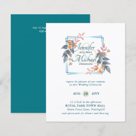 バジェットガーデン葉秋の結婚式招待状ティール（緑がかった色）