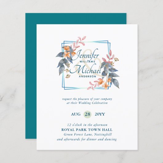 バジェットガーデン葉秋の結婚式招待状ティール(緑がかった色) (正面/裏面)