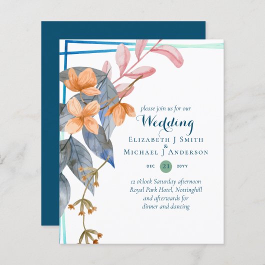 バジェットガーデン葉秋の結婚式招待状ティール（緑がかった色） (正面/裏面)