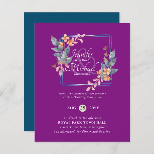 バジェットガーデン葉秋の結婚式招待状ティール(緑がかった色) (正面/裏面)