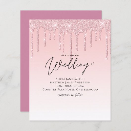 バジェットガーリーかわいらし結婚のグリッターピンク招待状 (正面/裏面)