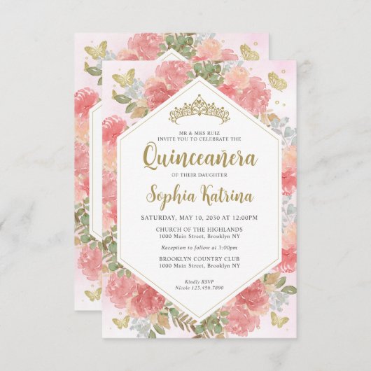 バジェットガーリー赤面ピンクフローラ金ゴールドキンセアニラ ノートカード (正面/裏面)