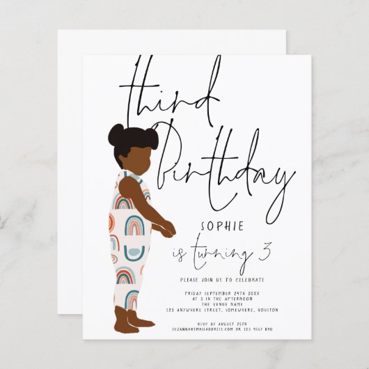 バジェットガールダークヘア3rd誕生日の招待 (正面/裏面)