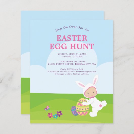 バジェットキュートイースターバニーエッグ狩りパーティの招待状 (正面/裏面)