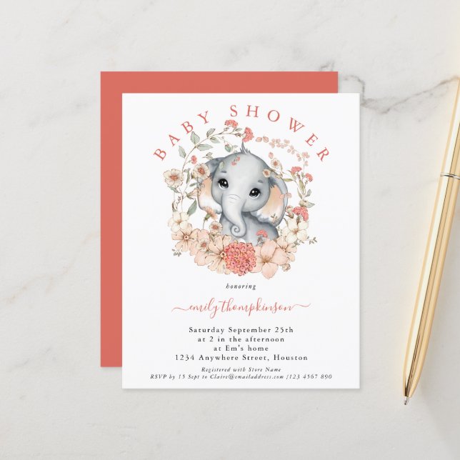 バジェットキュートエレファントコーラルベビーシャワー招待状 (正面/裏面インサイチュ)