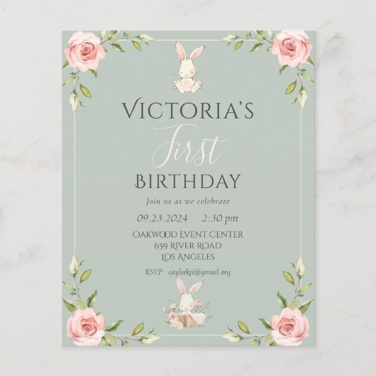 バジェットキュートバニー1stファースト誕生日招待状 チラシ (正面)