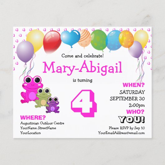 バジェットキュートピンクガールズ誕生日招待状 (正面)