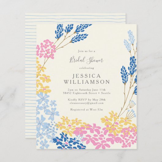 バジェットキュートピンクブルーフローラブライダルシャワー招待状 (正面/裏面)