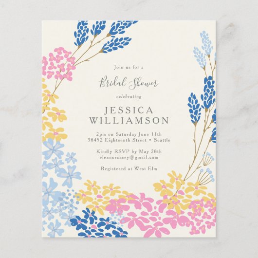 バジェットキュートピンクブルーフローラブライダルシャワー招待状 (正面)