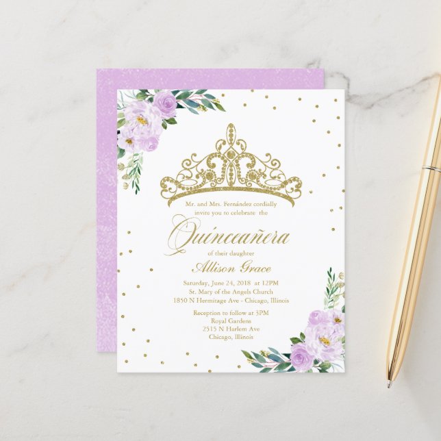 バジェットキンセアニェラ招待状金ゴールドティアラ (正面/裏面インサイチュ)