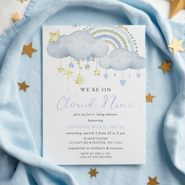 バジェットクラウドナイン男の赤ちゃんベビーシャワー招待状 (We are on Cloud Nine Baby Boy Baby Shower Invitation)