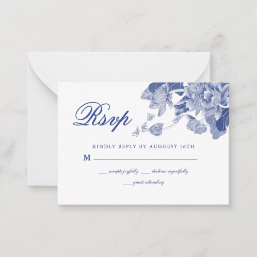 バジェットクラシックブルーホワイトフローラウェディングRSVP ノートカード (正面)