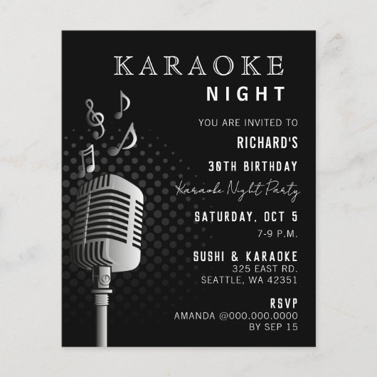 バジェットクラスブラックカラオケナイトパーティの招待状 (正面)