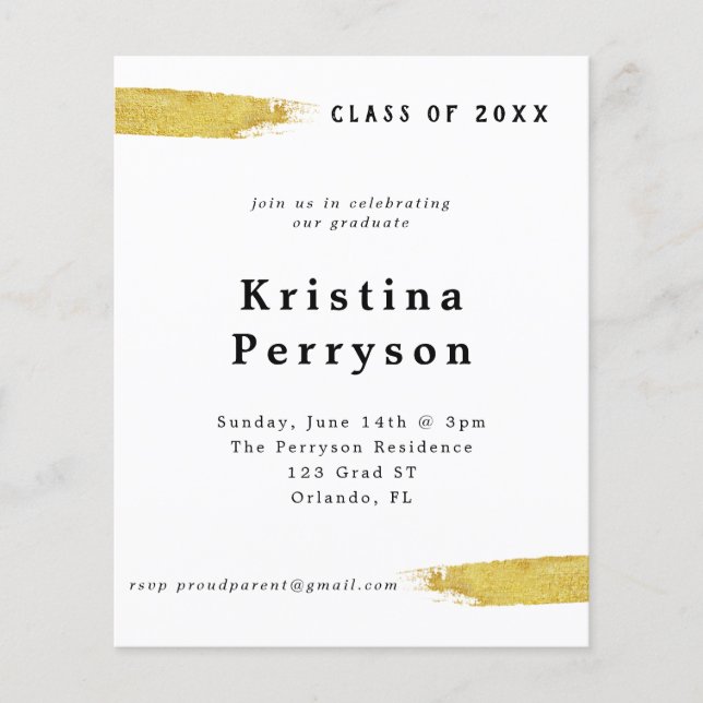 バジェットクラスホワイトアンド金ゴールド卒業招待状 (正面)