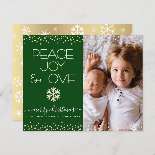 バジェットクリスマスグリーン金ゴールド写真ピースラブカード (正面/裏面)