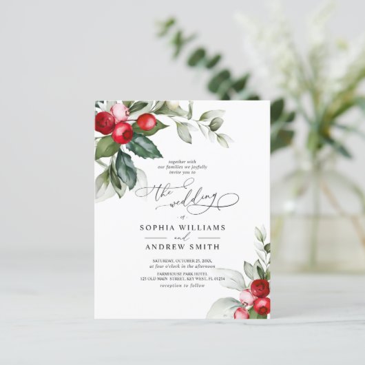 バジェットクリスマスグリーン&ベリー結婚式招待状 (スタンド正面)
